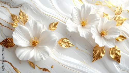 Opulent white blossoms with shimmering gold leaves against marble