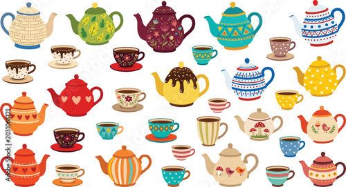 Konstfotografi Cute vintage teapot and teacup vector illustration set featuring colorful ceram