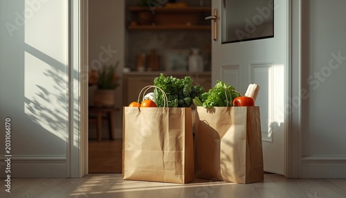 Reusable paper grocery bags with fresh food stand at a modern apartment doorway in warm sunlight. Concepts of grocery delivery, sustainable living, and convenient home shopping.