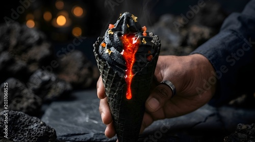 Hand holding a volcanic activated charcoal ice cream cone with dripping red lava syrup and gold flakes.