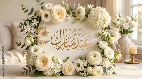Elegant Eid Mubarak Arabic calligraphy in gold, framed by beautiful white roses and hydrangeas on a bright table setting.