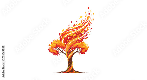 Stylized tree resembles a swirling flame with vibrant orange and red leaves mimicking fire in an artistic concept piece.