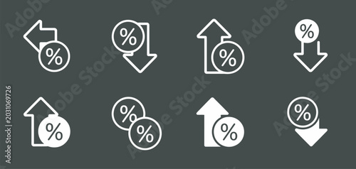 Cuadro en lienzo Percent arrows discount and pricing change icon vector isolated set for percentage increase decrease, pricing adjustments and market fluctuation visuals in business and finance applications