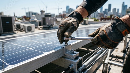 Hands of an environmental engineer maintaining solar panels on a rooftop