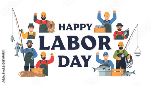 Cuadro en lienzo Happy Labor Day Celebration: A vibrant illustration depicts hardworking fishermen celebrating Labor Day with joy and camaraderie, surrounded by their bountiful catch and fishing gear