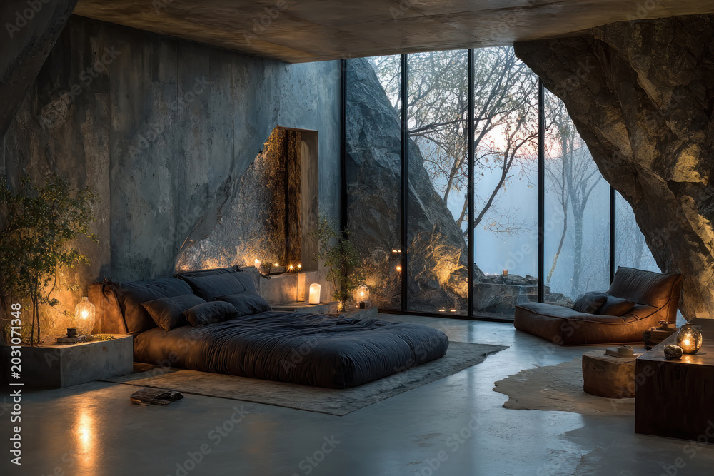 Fototapeta premium Luxury Cave Bedroom Interior with Panoramic Forest View and Ambient Lighting