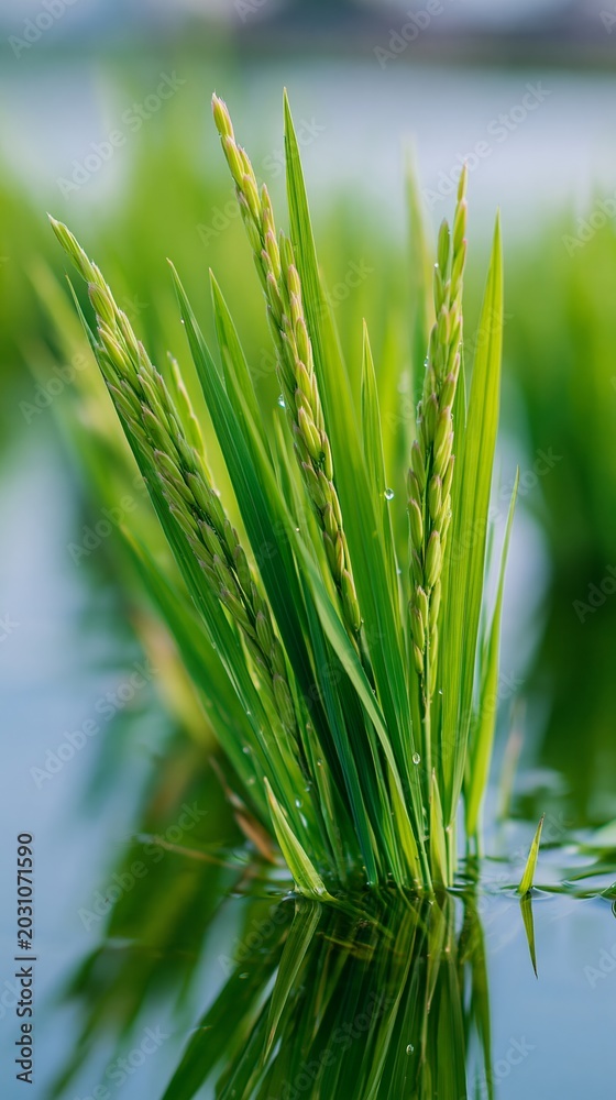 Fototapeta premium Close up of bright green rice shoots emerging from water, showcasing vibrant leaves and droplets, with blurred background of rice field and natural light