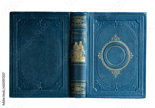 Antique hardcover book with an ornate decorative binding made of cloth and illustrated cardboard, featuring rich gold embossing and blue colors. Isolated on a white background 