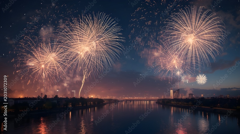 Fototapeta premium Stunning fireworks display over the city river and bridge during new year celebration