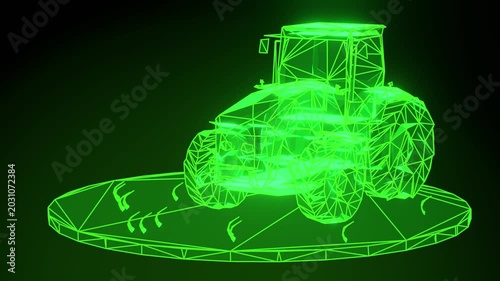  green tractor on a black background. The tractor is made up of a series of interconnected lines and dots, creating a geometric pattern represent agricultural technology.