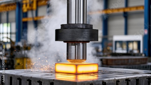 Industrial hydraulic press compressing heated metal block in manufacturing facility, with smoke and sparks visible, showcasing machinery in action and workshop environment