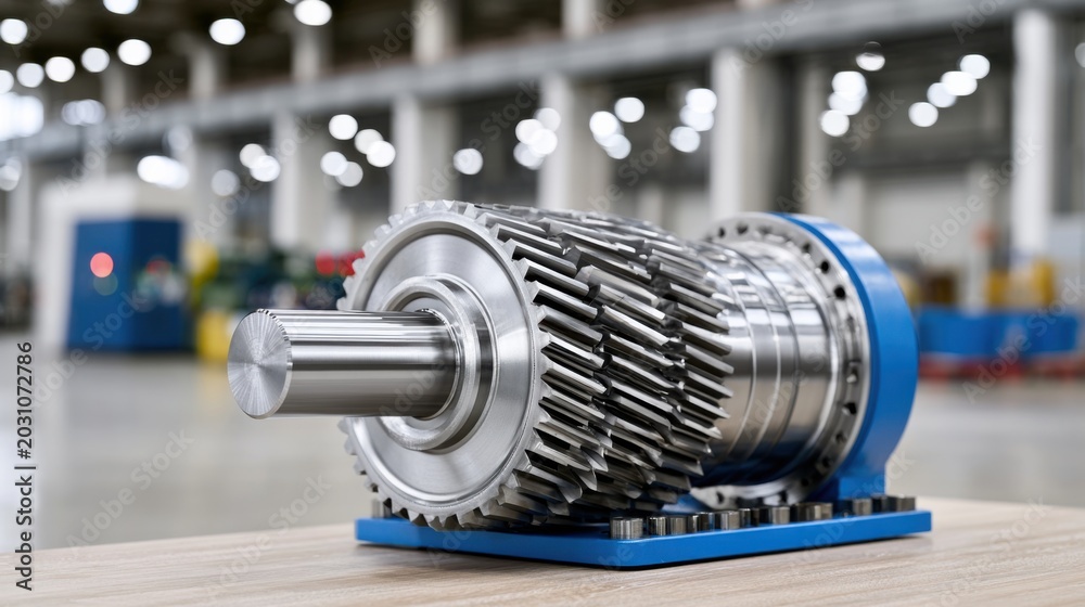 Fototapeta premium Industrial turbine engine component displayed on a workbench inside a factory, with blurred machinery and equipment visible in the background