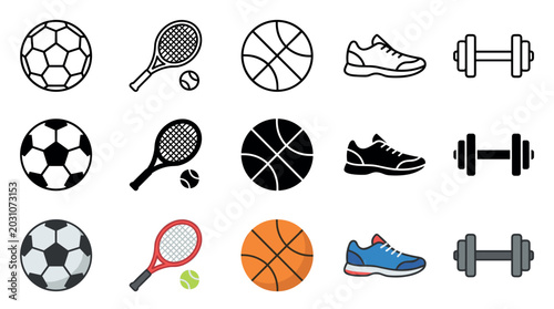 Sports equipment icons set featuring various athletic gear including soccer ball, tennis racket, basketball, running shoe, and dumbbell in different styles.