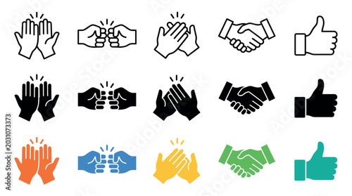 Collection of diverse hand gesture icons depicting high five, fist bump, clapping, handshake, and thumbs up symbols in various styles.
