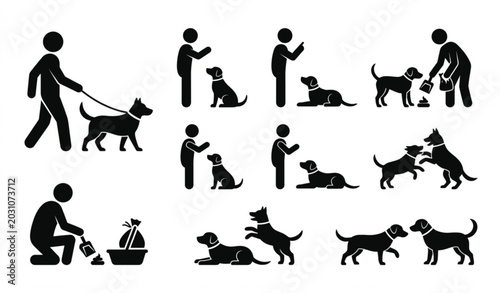 Tableau sur toile Dog owner and cynology silhouette icon vector set isolated on white background