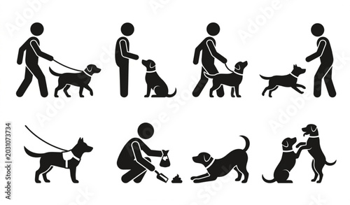 Dog owner and cynology silhouette icon vector set isolated on white background