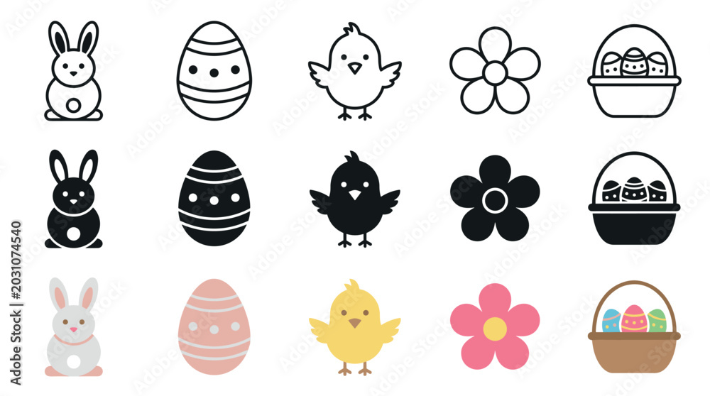 Fototapeta premium Easter icons symbols collection featuring bunny eggs chicks flowers and baskets in various styles, perfect for holiday designs and spring celebrations.