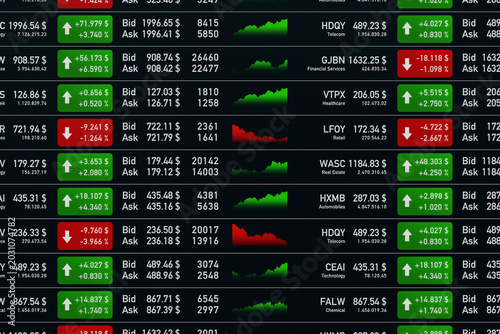 Trading board with stock market data, exchange prices, bid ask offers and chart information. Screen, investment, stock exchange, growth, strategy, prices up and down, risk , chance.