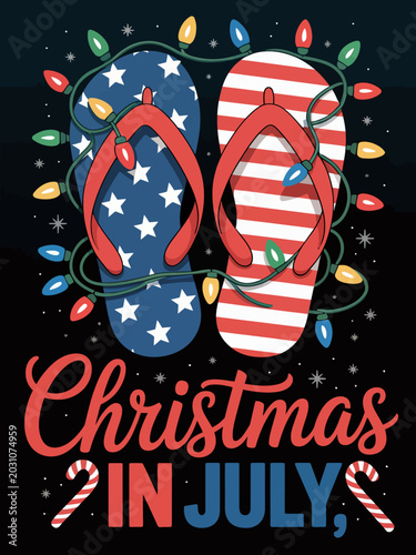 A pair of flip-flops in American flag design is surrounded by colorful holiday lights. The text 'Christmas in July' is prominently featured.