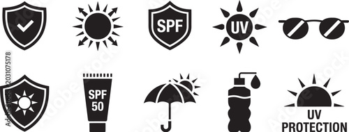 Billede på lærred Sun protection icon set isolated vector icons representing UV protection, skin care safety, sun exposure warning and summer health protection elements for dermatology and wellness applications