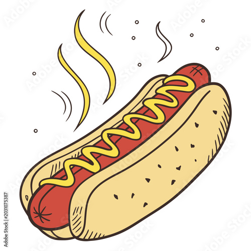 Classic hotdog with squiggly ketchup and mustard isolated on white background vector illustration