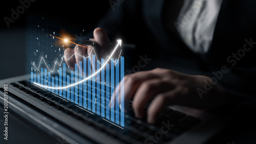 Schilderij op canvas A business professional examines financial data on a laptop, utilizing digital graphs to highlight growth trends and analytical insights in a dimly lit workspace