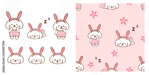 Billede på lærred Cute puppy wearing bunny ears seamless pattern pastel pink floral dog background design