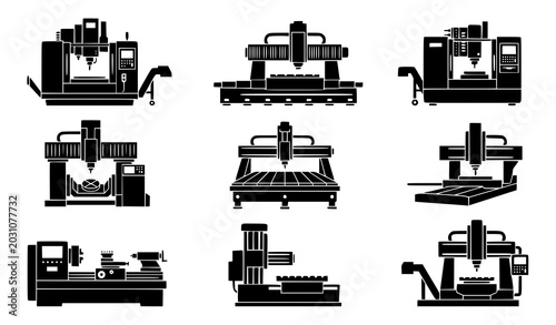 Billede på lærred Black CNC Machine Silhouette Collection with Industrial Manufacturing Equipment