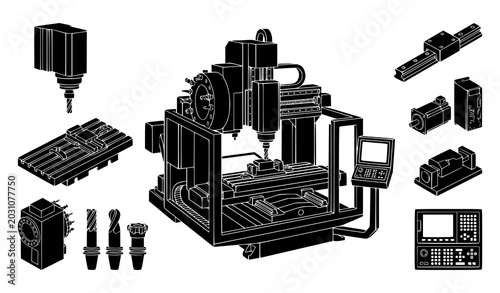 Billede på lærred Industrial CNC Machine Vector Pack with Black Milling Equipment and Engineering