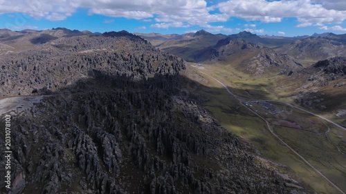High-altitude aerial pan right over Huayllay Stone Forest and Andean landscape in Pasco, Peru