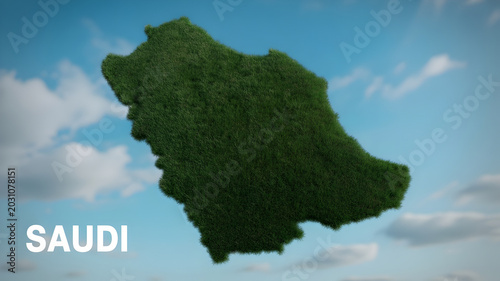 Map of Saudi Arabia covered in green grass against a blue sky with clouds symbolizing nature and country abstract.