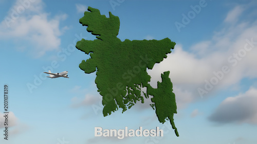 Green grass shaped like bangladesh country map floating in blue sky with clouds and airplane.