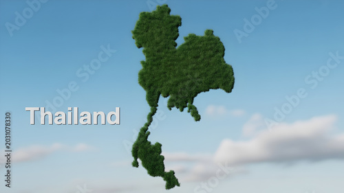 Green grass shaped like thailand country map floating in blue sky with clouds.