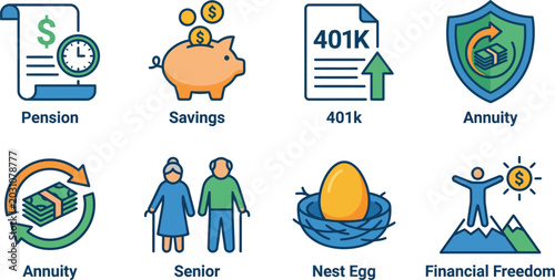 Retirement planning icons: pension savings 401k annuity senior nest egg financial freedom with money bag investment strategy long term retirement investment planning security illustration