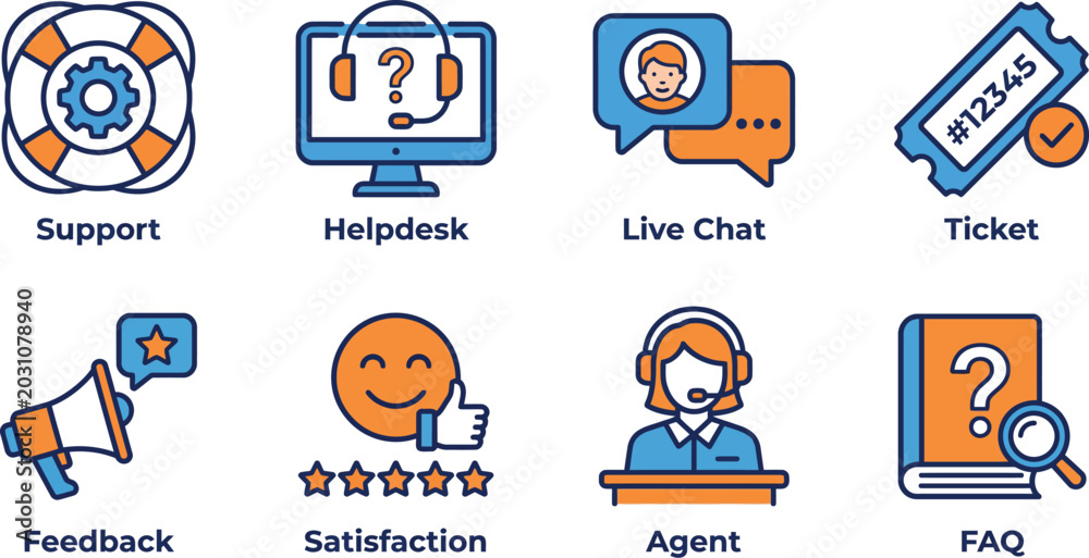 Fototapeta premium Customer service and support icons with live chat bubble magnifying glass smiley face flat design helpdesk feedback satisfaction communication assistance questions solutions computer