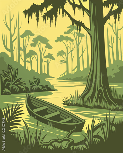 Vector illustration of a wooden boat floating on a river in a swamp bayou forest with cypress trees