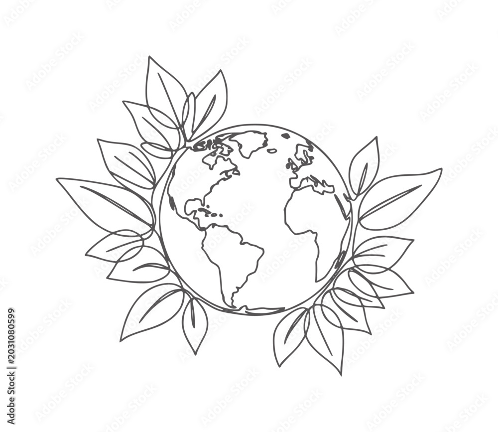 Fototapeta premium Earth globe surrounded by stylized leaves in a simple line planet nature