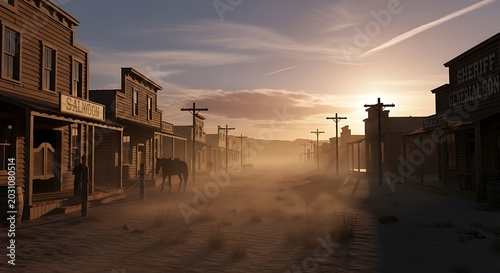 A dusty main street in a desolate western frontier town at sunset with wooden buildings and a lone horse standing in the warm golden light