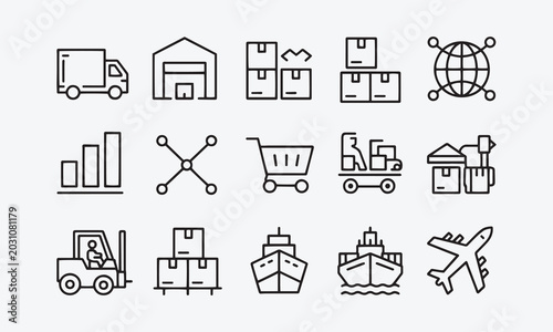 Supply Chain web icons in line style. Logistic, delivery, business, industry, management, commerce, analysis, procurement ,collection