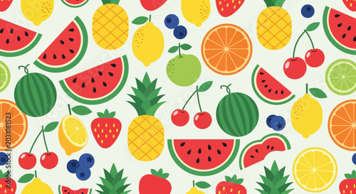 Fotografi Vibrant Fruit Pattern: Watermelon, Pineapple, Strawberry, Citrus & Berries