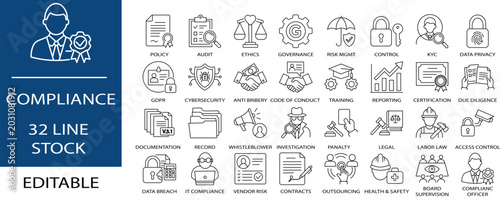 Bild auf Leinwand compliance and regulatory line icons set. Editable stroke.
