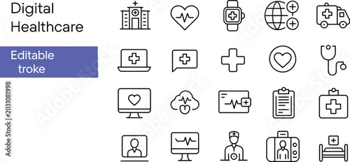 Collection of digital healthcare icons featuring medical technology, health monitoring, and emergency services for modern medical applications