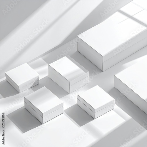 Minimalist display of various sized white gift boxes on white surface