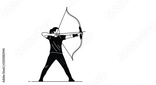 Female archer aiming a longbow in a professional stance silhouette illustration for sports, competition, or hunt themes.