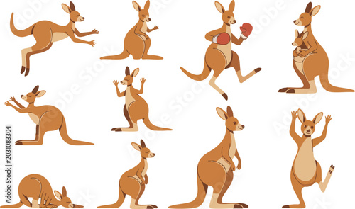 Photos Collection of cute cartoon kangaroos in various poses set isolated on transparent background for kids graphic design works