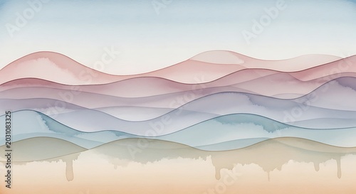 Abstract Watercolor Landscape Featuring Soft Layered Wavy Mountains in Pastel Tones for Modern Minimalist Wall Decor and Artistic Background Design