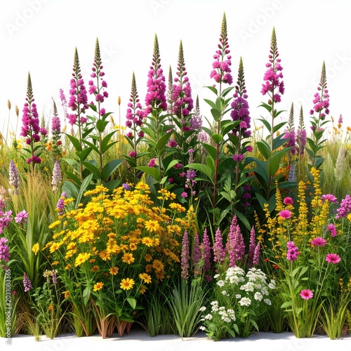 A vibrant border of tall pink and yellow flowers, lush greenery, and grasses
