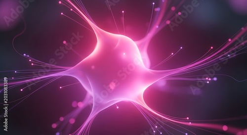 Abstract glowing pink neuron cell with dendrites and synapses in a dreamy deep space background illustration