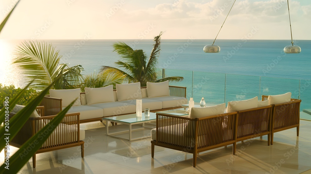 Fototapeta premium outdoor patio furniture set with ocean view at sunset