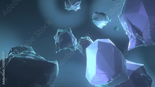 Abstract background with floating translucent blue geometric crystal shapes, 3d render of low poly rocks in deep blue space